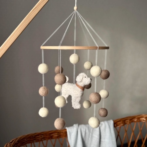 Dog mobile for nursery, goldendoodle dog baby mobile, gender neutral mobile, Puppy cot mobile felt, Felt ball mobile crib nursery