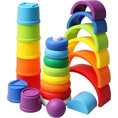 Kiddie Play Stacking Toys for Toddlers | Set of 3 Baby Toys Stacking Cups Stacking Rings and Rainbow Stacker