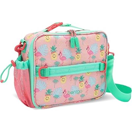 Bentgo Kids Lunch Bag - Durable, Double-Insulated Lunch Bag for Kids 3+; Holds Lunch Box, Water Bottle, & Snacks; Easy-Clean Water-Resistant Fabric & Multiple Zippered Pockets (Tropical)