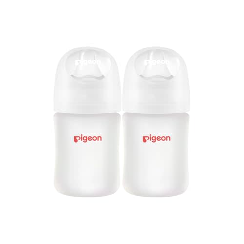 Pigeon Silicone Coating (Glass Inside/Silicone Outside) Baby Bottle, Wide Neck, Streamlined Body, Natural Feel, Easy to Clean, Heat-Resistant, 5 Oz (Pack of 2), Includes 2 pcs SS Nipples (0m+)