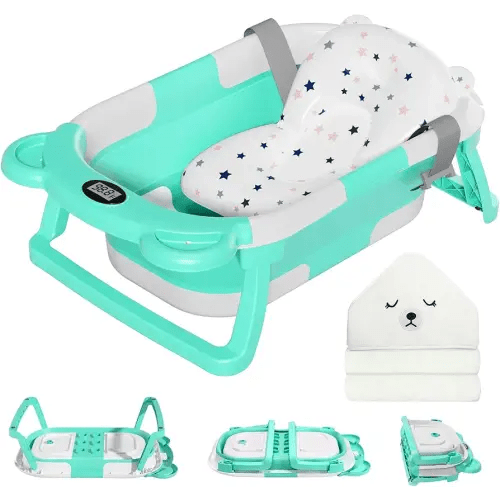 MoreFeel Collapsible Baby Bathtub for Newborn with Thermometer & 1 Hooded Towel & 1 Soft Floating Cushion,Portable Travel Bathtub with Drain Hole, Durable Foldable Baby Tubs for Infants to Toddler