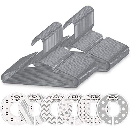Minnebaby Plastic Baby Hangers 60 Pack, Ultra Thin No Slip Infant Nursery Clothes Hangers with 6 Pcs Cute Clothing Dividers for Boys & Girls Closet Organizer, Gray Kids Hangers