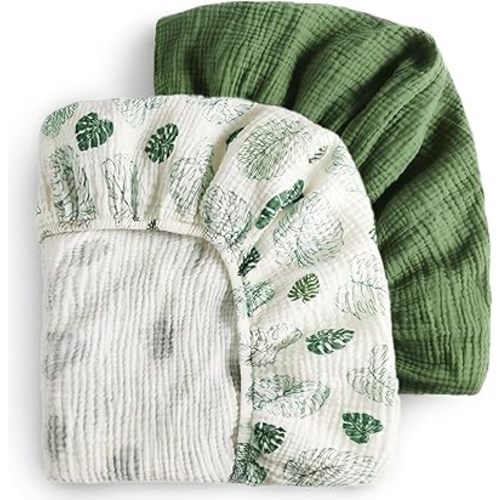 Blissful Diary Muslin Crib Sheets for Girl Boy, Boho Neutral Soft Cotton Baby Sheet for 52''x28'' Standard Crib Mattress, 2 Pack(Monstera&Dark Green)