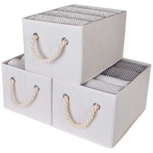 StorageWorks Large Storage Baskets for Organizing, Foldable Storage Baskets for Shelves, Fabric Storage Bins with Handles, Mixing of Beige, White & Ivory, 3-Pac