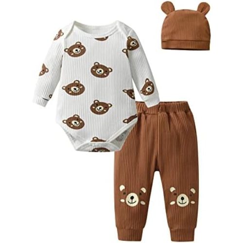 Newborn Infant Baby Boy Clothes Print Long Sleeve Bodysuit + Pants + Hat 3 PCS Outfits Set