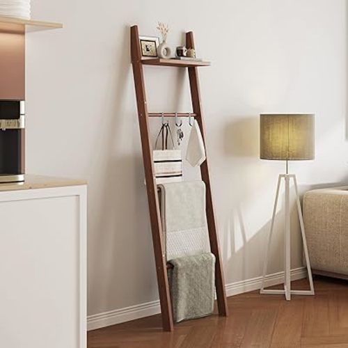 63" Bamboo Blanket Ladder with Shelf and 5 Hooks, 4 Tier Leaning Blanket Rack, Farmhouse Towel Ladder Rack, Decorative Quilt Rack Holder for Living Room Bedroom Bathroom, Walnut