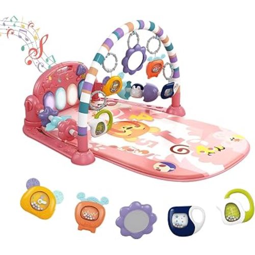 Baby Play Gym Mat with Piano, 5 Sensory Toys, Gift for 0-12 M, Tiger Pink