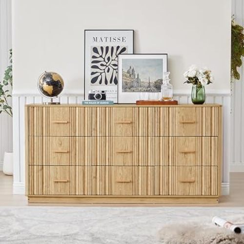Fluted 9 Drawer Dresser,59"Wide Modern Chest of Drawers with Sturdy Base,Wood Closet Organizers,TV Stand,Storage Dresser with 9 Deep Drawers for Bedroom Living Room Hallway Entryway Nursery(Natural)