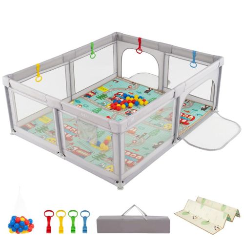 Infans Large Baby Playpen with Mat Baby Play Yard w/ Pull Rings & Ocean Balls Play Area