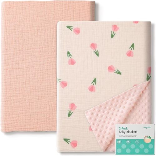 2 Pack Baby Blankets with Muslin Cotton and Minky Dots for Toddler Girls - Super Soft Baby Minky Blanket, Pink Floral Printed Blanket for Newborn, Cozy and Lightweight