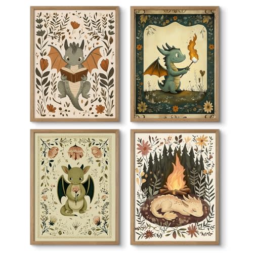 Vintage Nursery Dragon Wall Art Baby Boy Room Canvas Wall Decor Whimsical Dinosaur Flower Poster Nursery Cute Dragon Pictures Fantasy Prints Painting for Girls Bedroom Kids Room 8x10x4 Inch Unframed