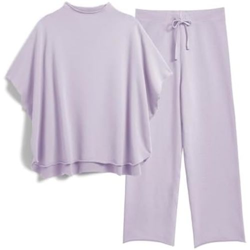 Women's Two Piece Outfits 3/4 Batwing Sleeve Capelet Crew Neck Pullover Top Wide Leg Pants Lounge Set