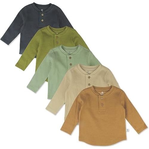 HonestBaby 5-Pack Waffle Henley Long Sleeve Shirts 100% Organic Cotton for Infant Baby and Toddler Boys, Unisex