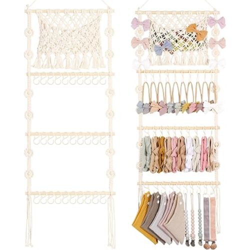 POVETIRE Headband Holder Hair Bow Organizer for Girls,Macrame Bow Holder Hair Accessories Organizer Storage Large Capacity Wall Hanging for Toddler Girl Nursery Room Decor
