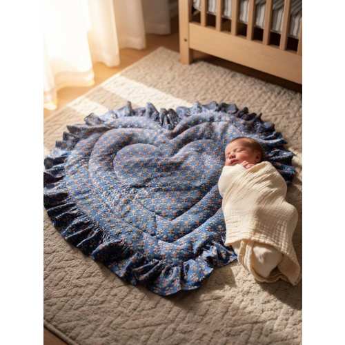 Heart Shaped Baby Play Mat, Vintage Blue Floral Ruffle, Padded Cotton
