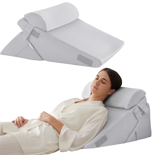 Bedluxe 3Pcs Orthopedic Bed Wedge Pillow Set, Foam Wedge Pillow Post Surgery for Back, Leg and Knee Support, Adjustable 9&12 Inch Folding Triangle Pillow for Sleeping, Acid Reflux, Snoring, Light Grey