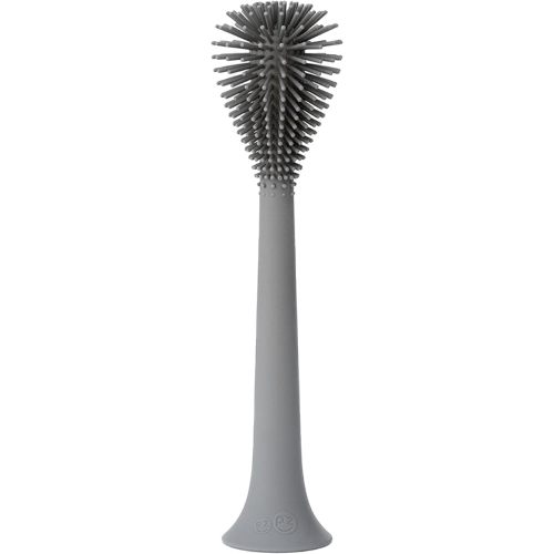ezpz Bottle Brush (Gray) - Silicone Bottle Cleaning Tool with Long Sturdy Handle, Flexible Top for Tight Spaces - Gently Cleans Cups, Glasses, Bottles and Accessories - Suction Base, BPA-Free