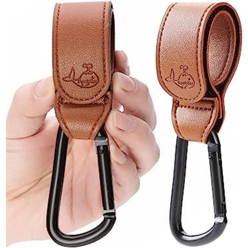 Brown Leather Style Stroller Hooks,Stroller Clip,Convenient Stroller Accessories Mommy Bag Hooks for Hanging Diaper Bags,2 Pack