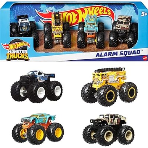 Hot Wheels Toy Monster Trucks Set of 4, 4-Pack of 1:64 Scale Alarm Squad Vehicles