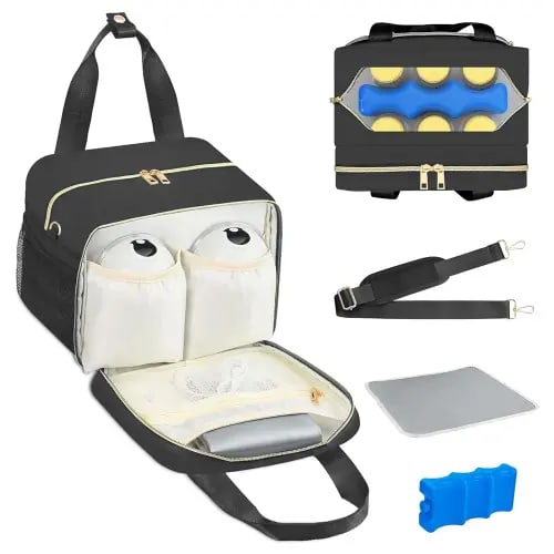 PIIOSER Breastmilk Cooler Bag with Ice Pack, Fits 6 Baby Bottles Up to 9 Ounce, Insulated Bottle Travel Bags with Shoulder Strap-Wearable Breast Pump Carrying Case for Nursing & Working Moms