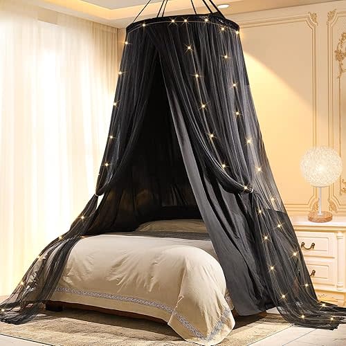 Princess Bed Canopy for Girls & Adults, Double Layer Canopy Bed Curtain, Round Dome Mosquito Net for Bed Decoration (Round Dome Black)