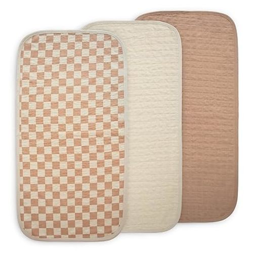 mushie Water Repellent Changing Pad Liners | Made with Organic Cotton | Set of 3 (Natural Check Combo)