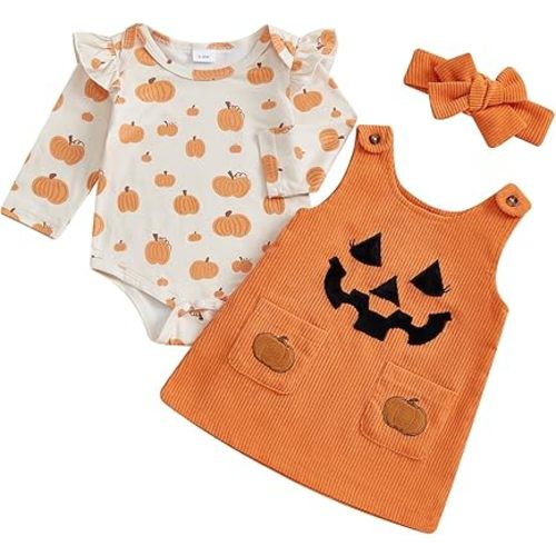 Adobabirl My First Halloween Baby Girl Outfit Pumpkin Ruffle Long Sleeve Romper Overall Dress Headband Cute Fall Clothes