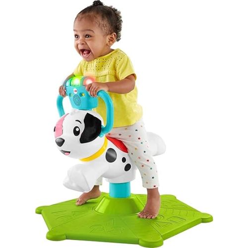 Fisher-Price Toddler Learning Toy, Bounce and Spin Puppy Stationary Ride-On Bouncer with Music & Lights for Infants Ages 1+ Years