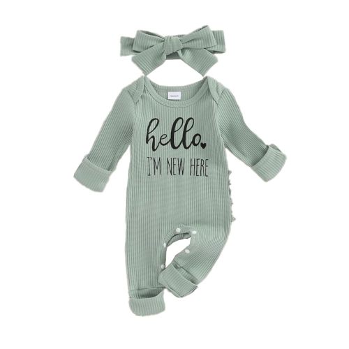 FIOMVA Im New Here Newborn Outfit Girl Long Sleeve Letter Romper Ribbed Knit Jumpsuit Baby Girl Preemie Coming Home Outfit