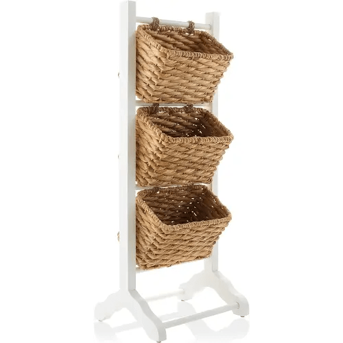 Casafield 3-Tier Floor Stand with Water Hyacinth Storage Baskets, White/Natural - Standing Organizer Rack for Bathroom, Kitchen, Laundry, Living Room
