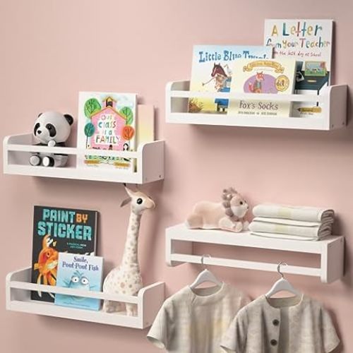 Decorative Nursery Bookshelves for Kids - Set of 3 Easy to Install Floating Shelves for Wall Mount - Beautiful Hanging Organizer Furniture for Your Baby Boy or Girl's Bedroom and Play Room Decor