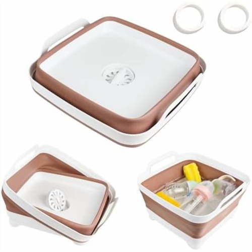 Collapsible Wash Basin for Baby Bottles - 2.4 Gallons Portable Wash Bin for RV Camping Sink, Space-Saving Dish Tub (Mocha)