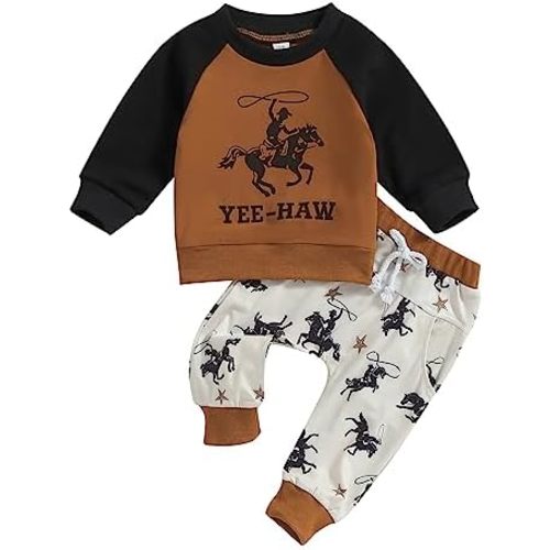 Western Baby Boy Clothes Yee Haw Long Sleeve Sweatshirt Tops Ride Horse Pants Set Toddler Cowboy Fall Winter Outfit