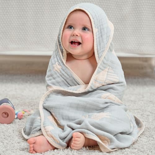 HardNok Ultra-Soft Muslin Baby Hooded Towel - 32 x 32 Inches, Crafted from Bamboo Viscose, Ideal for Bath & Beach, Suitable for Both Boys & Girls from Newborns to Toddlers