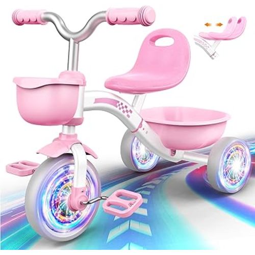 Toddler Tricycle for 1-3 3-5 Year Olds, Toddler Toys Baby Bike, Toys for Ages 2-4, 3-Level Adjustable Seat, 3 Colorful Lighting Wheels, 2 3 4 5 Year Old Girl Birthday Gifts Pink