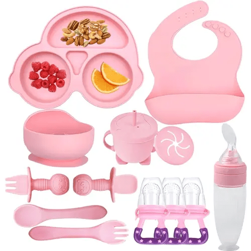 Silicone Baby Feeding Set,Miicasa Baby Led Weaning Supplies Kit With Suction Bowl & Car Plate, Bib, Spoon, Fork, Cup - Food-Grade Silicone, Dishwasher-Safe, No BPAs - For 3+ Months