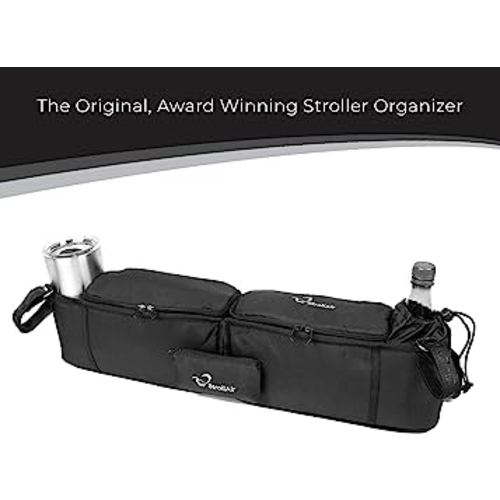 StrollAir - Universal Best Double Parent Stroller Organizer Caddy Insulated Cup Holder Console side-by-side Mountain Buggy TWIN WAY Bob Duallie Baby Jogger City Mini GT – Black