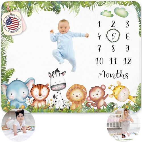 Safari Milestone Blanket for Boy – Jungle Animals Theme, Monthly Tracker with Wreath, Soft Fleece 50x40, Newborn Photo Prop, Cute Nursery Decor for New Moms