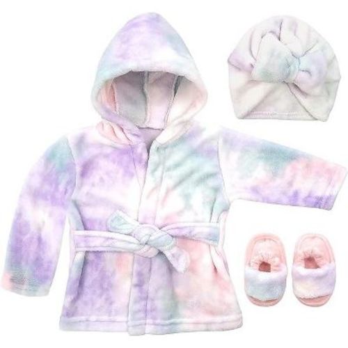 Tie Dye Baby Girls Bathrobe Towel, Slippers and Turban, Bath Robe Spa Set for infants 0-9 Months