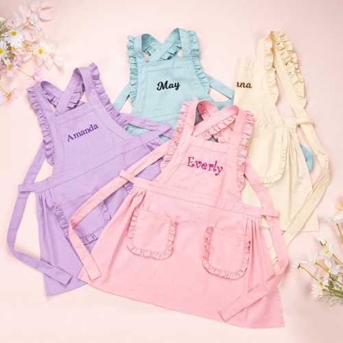 Kid’s Apron with Embroidery Name Toddler Cooking Pinafore Ruffle Apron Personalized Apron With Pockets Birthday Gifts for Child/Girls