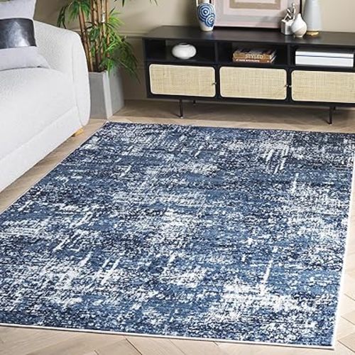 SAFAVIEH Amelia Collection Area Rug - 6' x 9', Ivory & Dark Blue, Modern Abstract Design, Non-Shedding & Easy Care, Ideal for High Traffic Areas in Living Room, Bedroom, Dining (ALA700M-6)