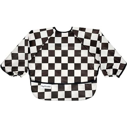 Tiny Twinkle Mess Proof Baby Bib|Waterproof Smock Bib for Eating,Machine Washable Full Sleeve with Pocket(Checkers Black, Small 6-24 Months)