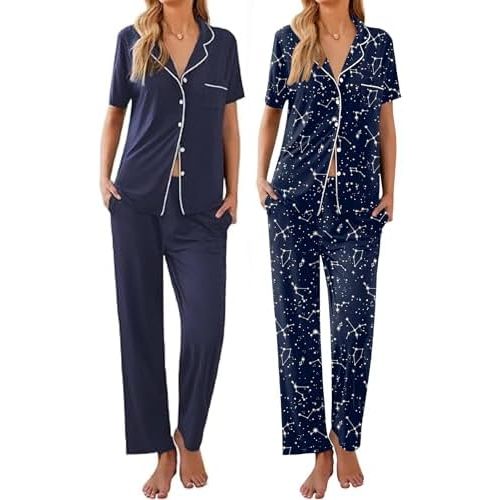 Ekouaer 2 Pack:Womens Pajamas Short Sleeve Pjs Notch Collar Button Up Loungewear Cozy Sleepwear Sets