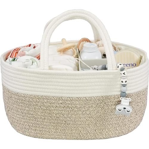 Large Baby Diaper Caddy Organizer for Girl Boy Rope Nursery Storage Bin Basket Portable Holder Tote Bag for Changing Table Car Travel Baby Shower Gifts Newborn Registry Must Haves White and Brown - white and brown