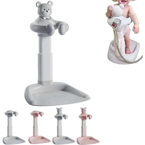Baby Shower Stand,Adjustable Baby Shower Stand with Anti-Slip Base,Bath Shower Standing Support Baby Bath Stand,Portable Bath Helper Baby Bath Support for Infants (Bear gray)