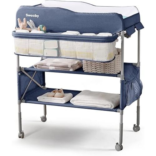 Sweeby Portable Baby Changing Table, Foldable Changing Table Dresser Changing Station for Infant, Waterproof Diaper Changing Table Pad Topper, Mobile Nursery Organizer for Newborn Essentials,Navy
