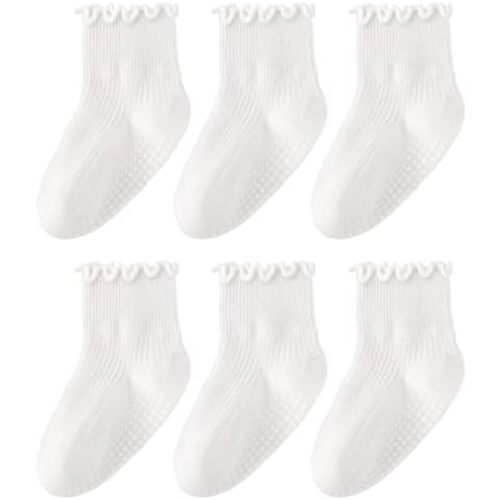 HONGTEYA 6 Pairs Toddler Ruffle Socks for Girls Non Slip Baby Socks with Grips for 1-2 Years 3-4 Years 5-6 Years Girls Boys