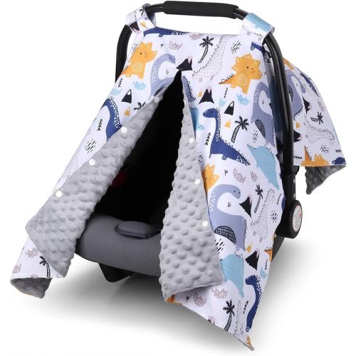 Rquite Baby Car Seat Cover, Carseat Covers Baby Boy, Minky Infant Car Seat Cover Winter, Peekaboo Opening Car Seat Canopy, Multi-use Baby Carrier, Stroller, Nursing Cover, Minky Blanket, Dinosaur