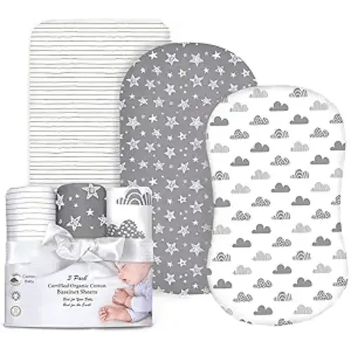100% Organic Cotton Fitted Bassinet Sheets Perfectly Compatible with Halo, Snoo, Graco, and All Other Standard Size Bassinets. 3 Pk Adapts to Oval, Hourglass & Rectangle Shaped Bassinet Pads. Gray