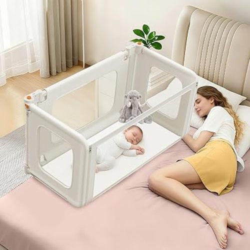 3 in 1 Bedside Bassinet, 69.26" x 19.29" Baby Bassinets Bedside Sleeper with Mosquito Net + Storage Bag + Child Lock, Baby Crib & Toddler Bed Rails for Twin, Full, Queen, King Size, Beige